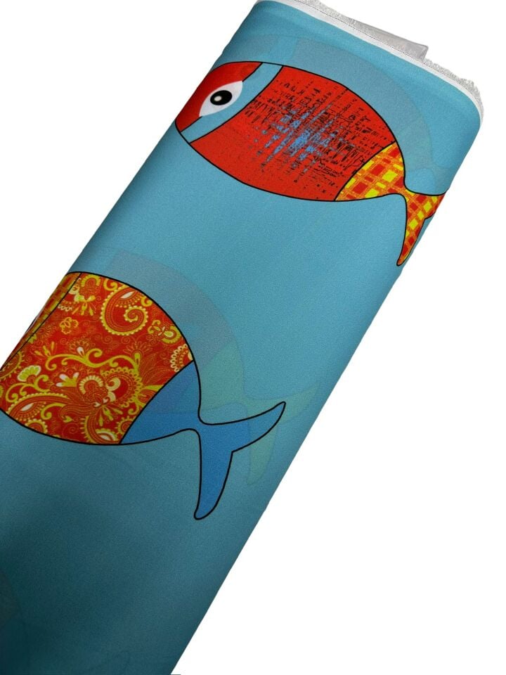 Mavi Balık Desen Elbiselik Gömleklik Krep Kumaş