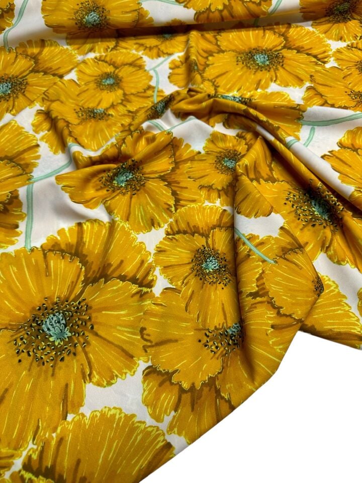 Sarı Geranium Desen Elbiselik Gömleklik Krep Kumaş