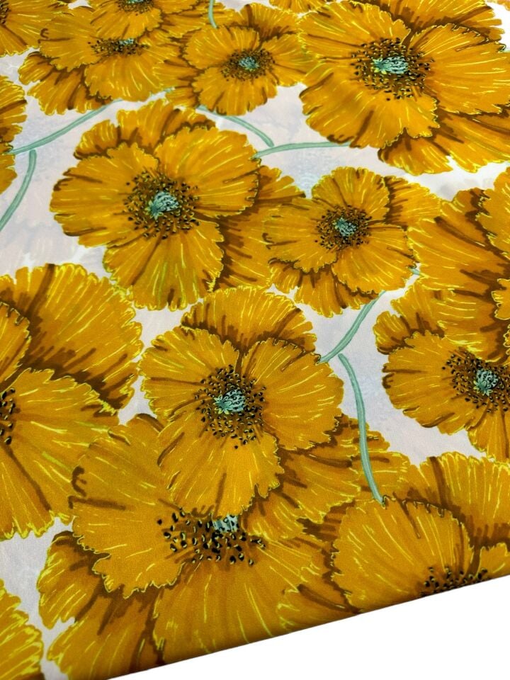 Sarı Geranium Desen Elbiselik Gömleklik Krep Kumaş