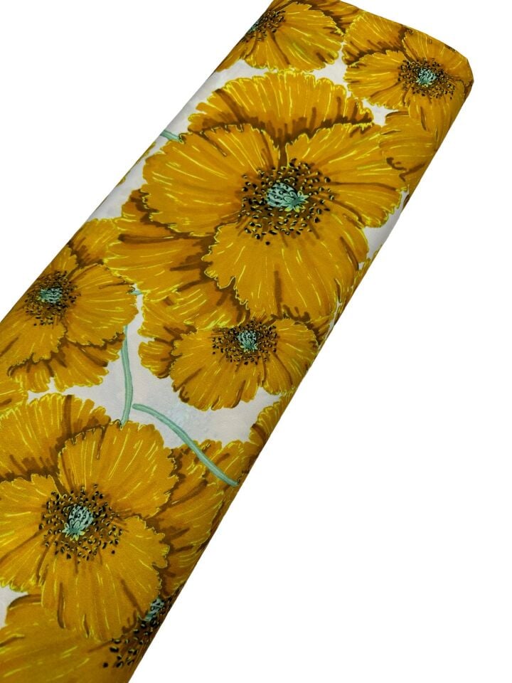 Sarı Geranium Desen Elbiselik Gömleklik Krep Kumaş