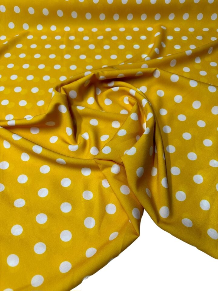 Sarı Puantiye Desen Elbiselik Gömleklik Krep Kumaş