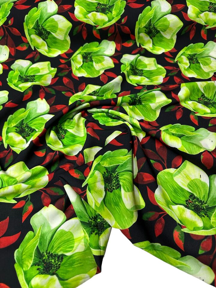 Yeşil Çuha Çiçeği Desen Elbiselik Gömleklik Krep Kumaş