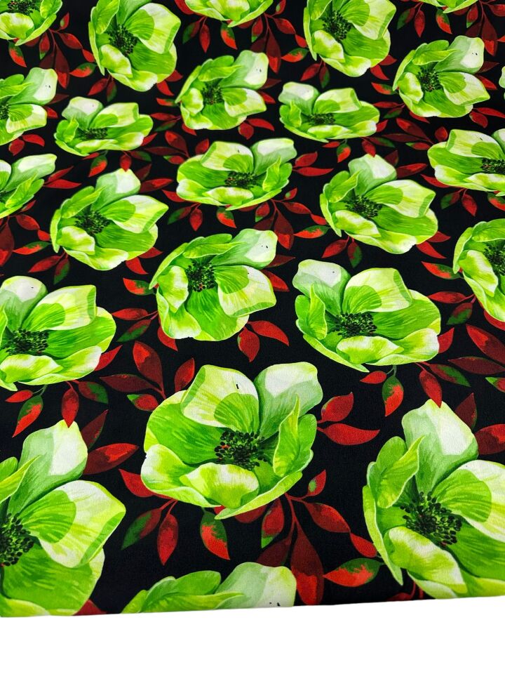 Yeşil Çuha Çiçeği Desen Elbiselik Gömleklik Krep Kumaş