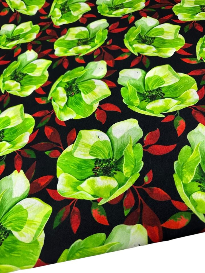 Yeşil Çuha Çiçeği Desen Elbiselik Gömleklik Krep Kumaş