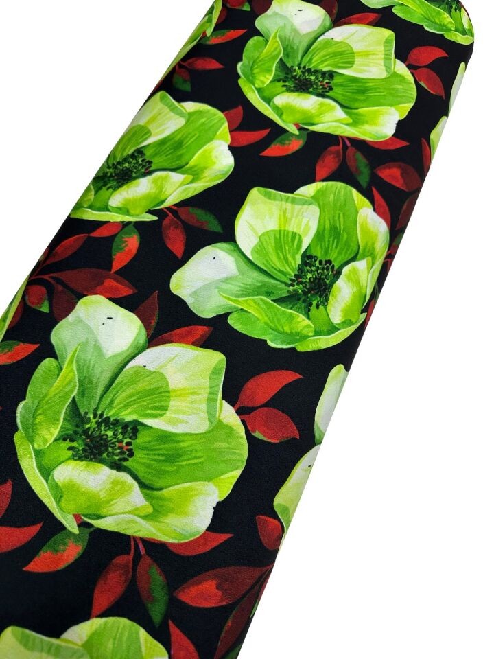 Yeşil Çuha Çiçeği Desen Elbiselik Gömleklik Krep Kumaş