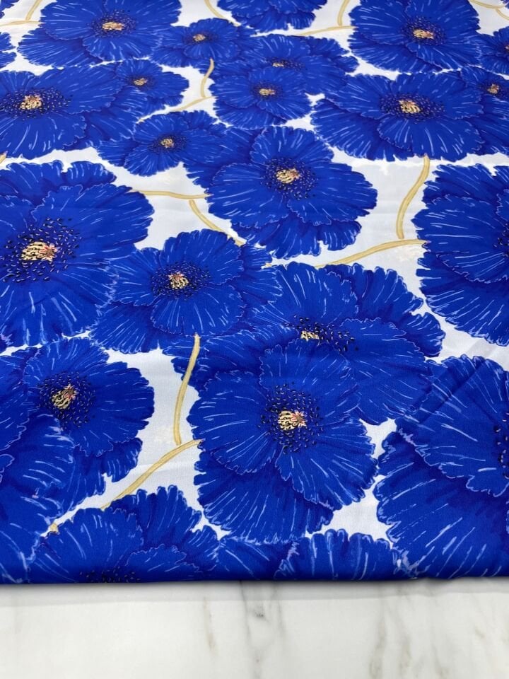 Mavi Geranium Desen Elbiselik Gömleklik Krep Kumaş