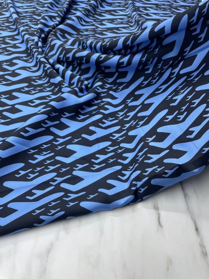 Mavi F Desen Elbiselik Gömleklik Tivil Saten Kumaş
