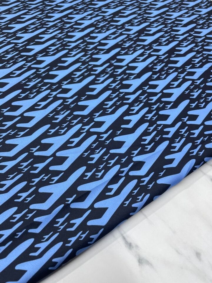 Mavi F Desen Elbiselik Gömleklik Tivil Saten Kumaş