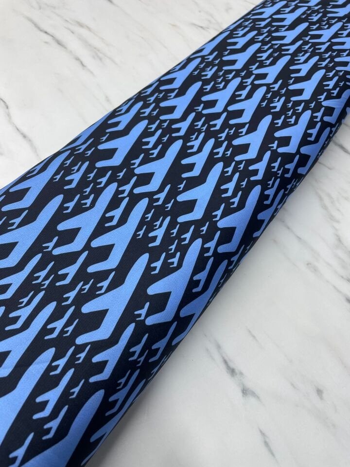 Mavi F Desen Elbiselik Gömleklik Tivil Saten Kumaş