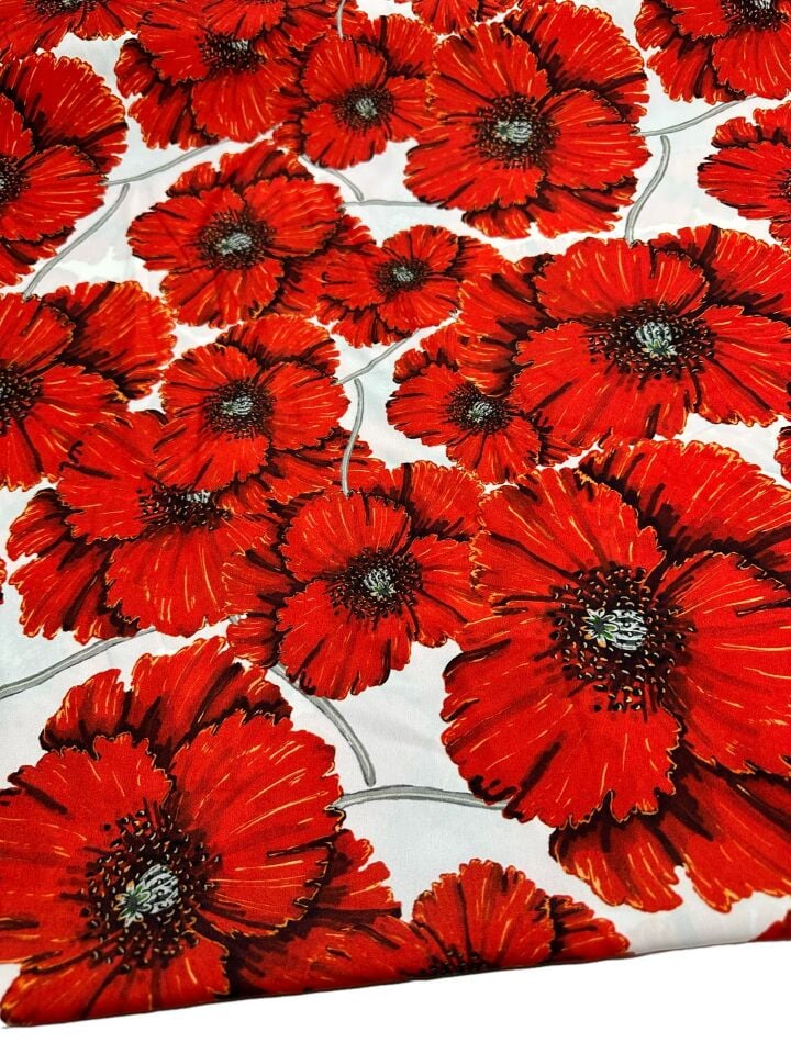 Kırmızı Geranium Desen Elbiselik Gömleklik Krep Kumaş