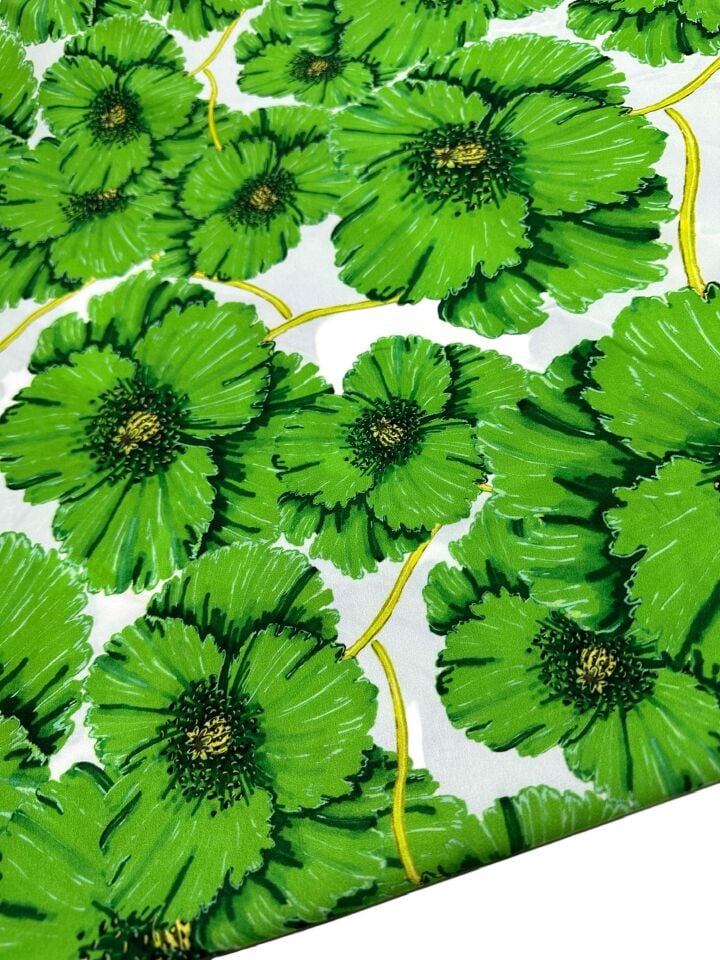 Yeşil Geranium Desen Elbiselik Gömleklik Krep Kumaş