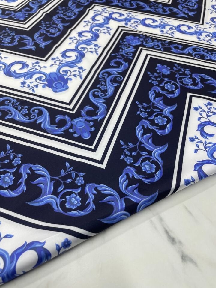 Mavi Nakış Desen Elbiselik Gömleklik Tivil Saten Kumaş