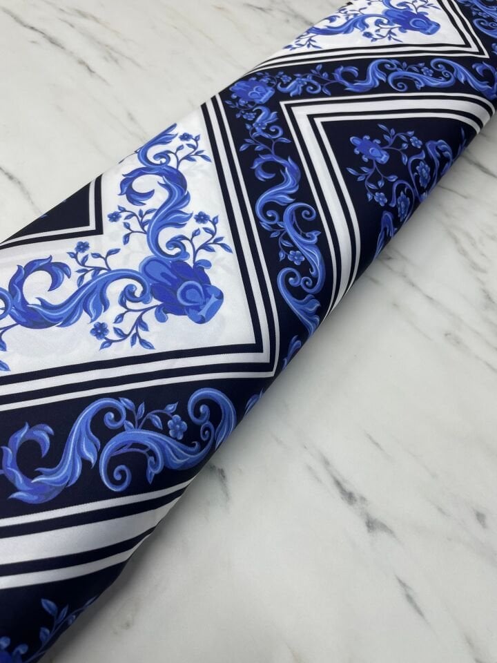 Mavi Nakış Desen Elbiselik Gömleklik Tivil Saten Kumaş