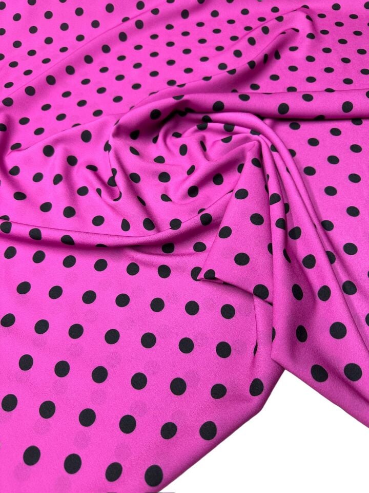 Fuşya Puantiye Desen Elbiselik Gömleklik Krep Kumaş