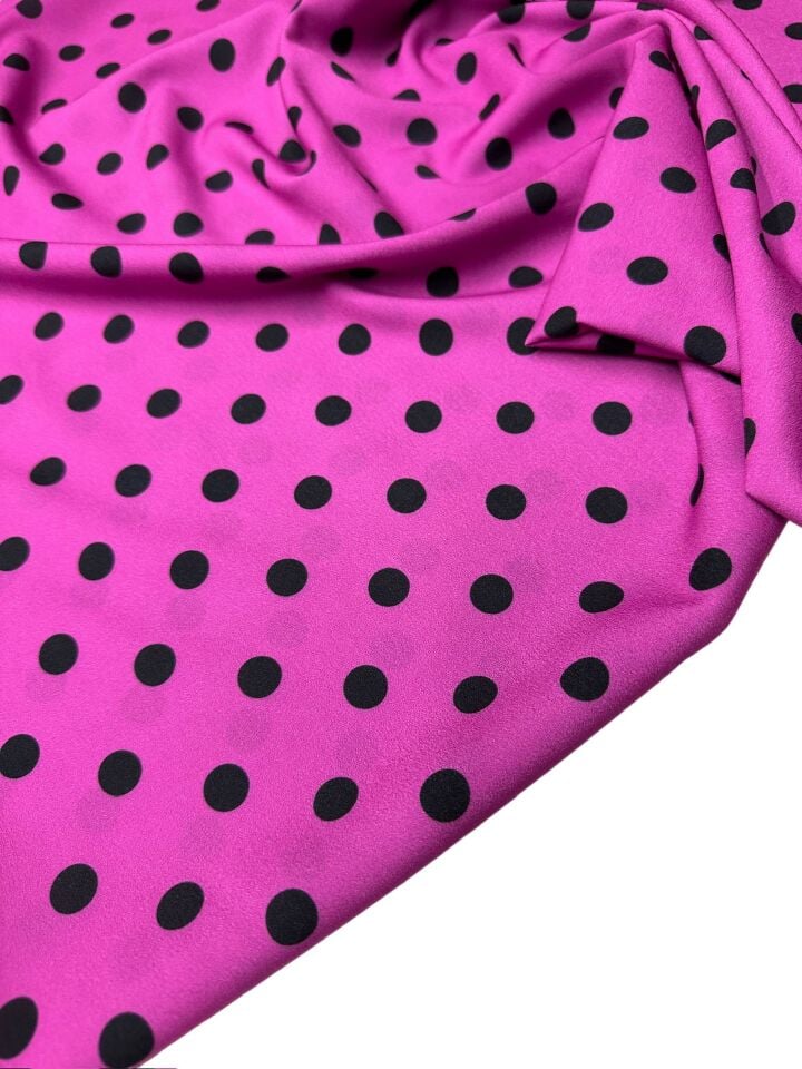 Fuşya Puantiye Desen Elbiselik Gömleklik Krep Kumaş