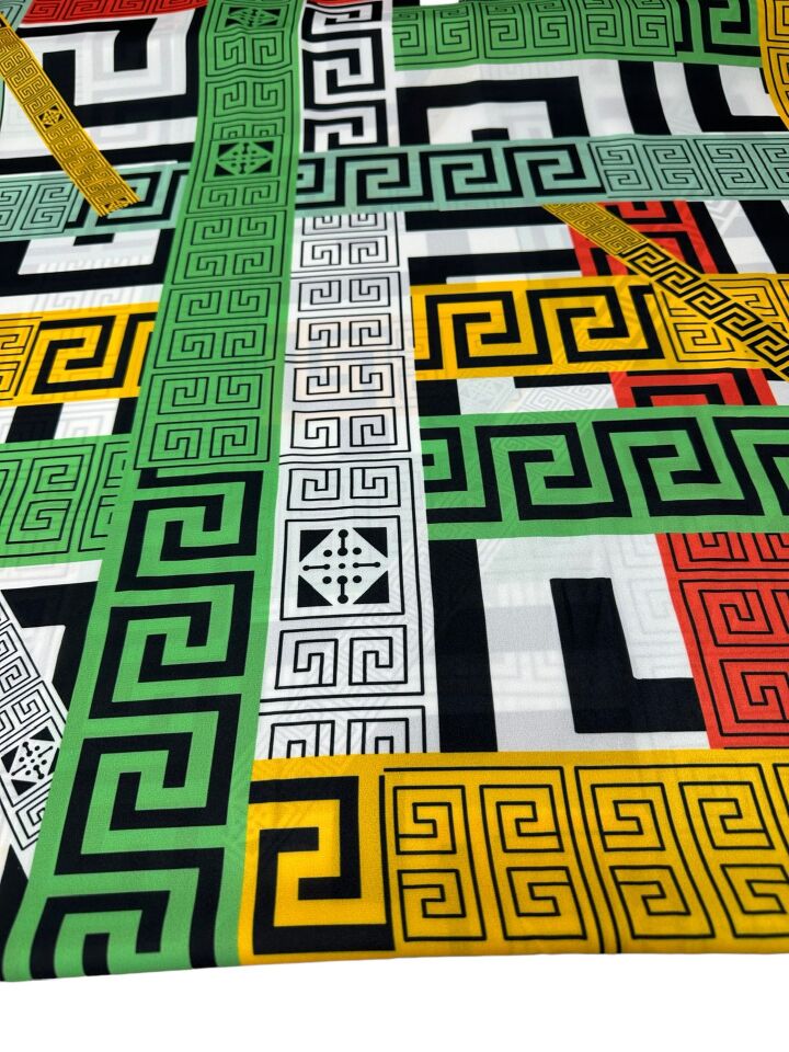 Renkli Yunan Motifleri Desen Elbiselik Gömleklik Krep Kumaş