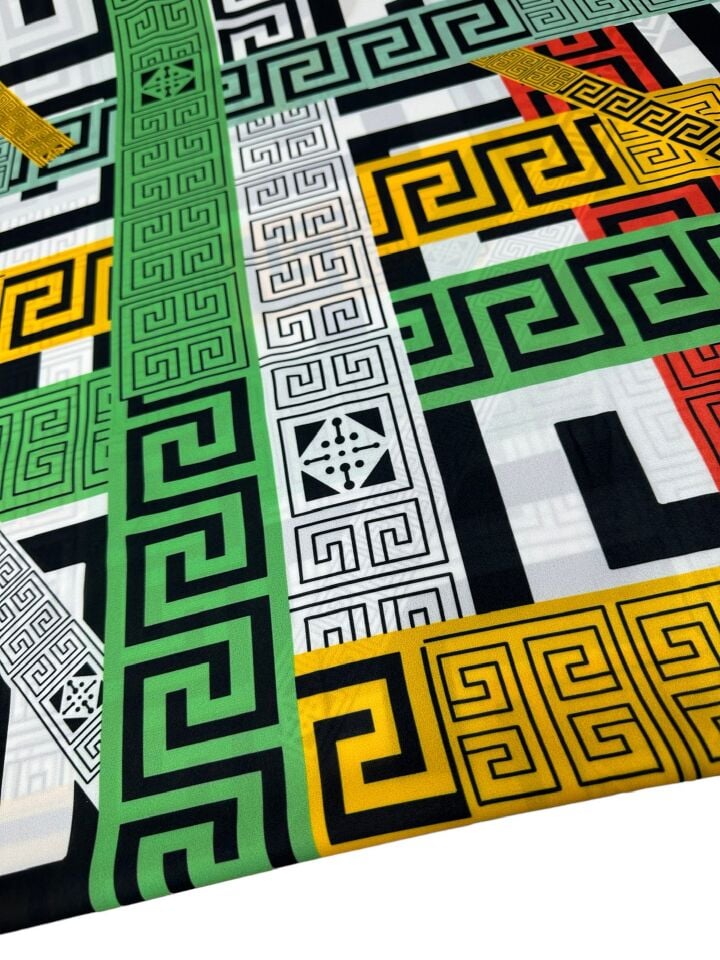 Renkli Yunan Motifleri Desen Elbiselik Gömleklik Krep Kumaş