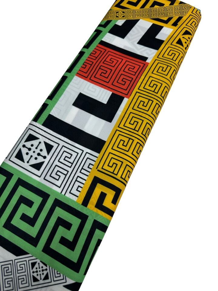 Renkli Yunan Motifleri Desen Elbiselik Gömleklik Krep Kumaş