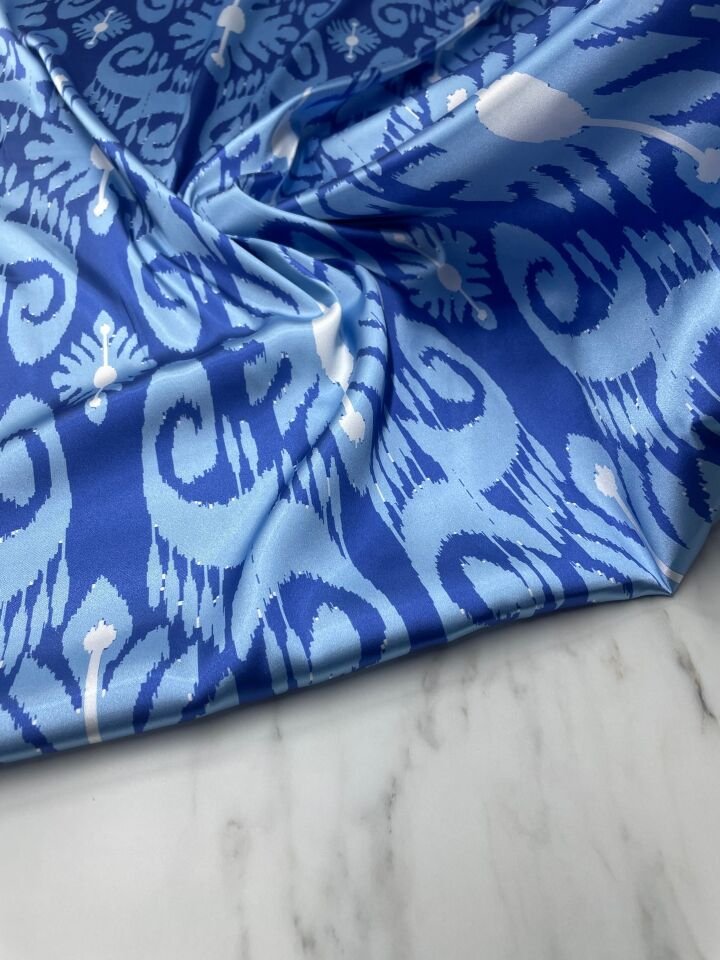Mavi Tanji Desen Elbiselik Gömleklik Tivil Saten Kumaş
