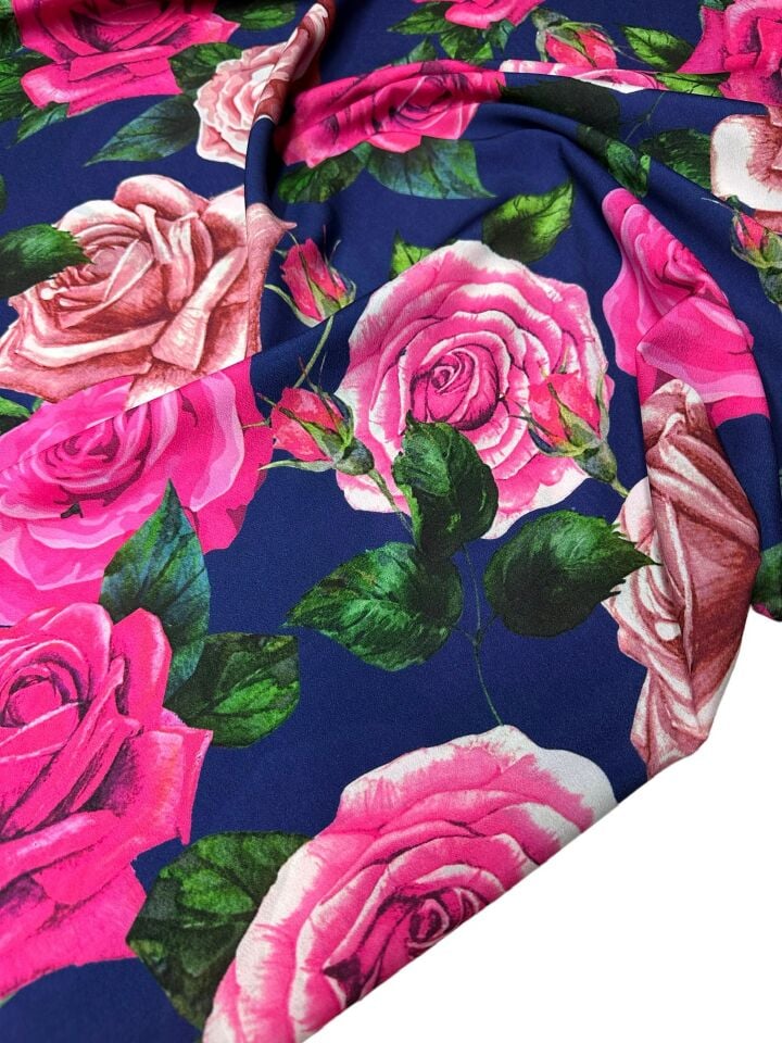 Pembe Gül Desen Elbiselik Gömleklik Krep Kumaş