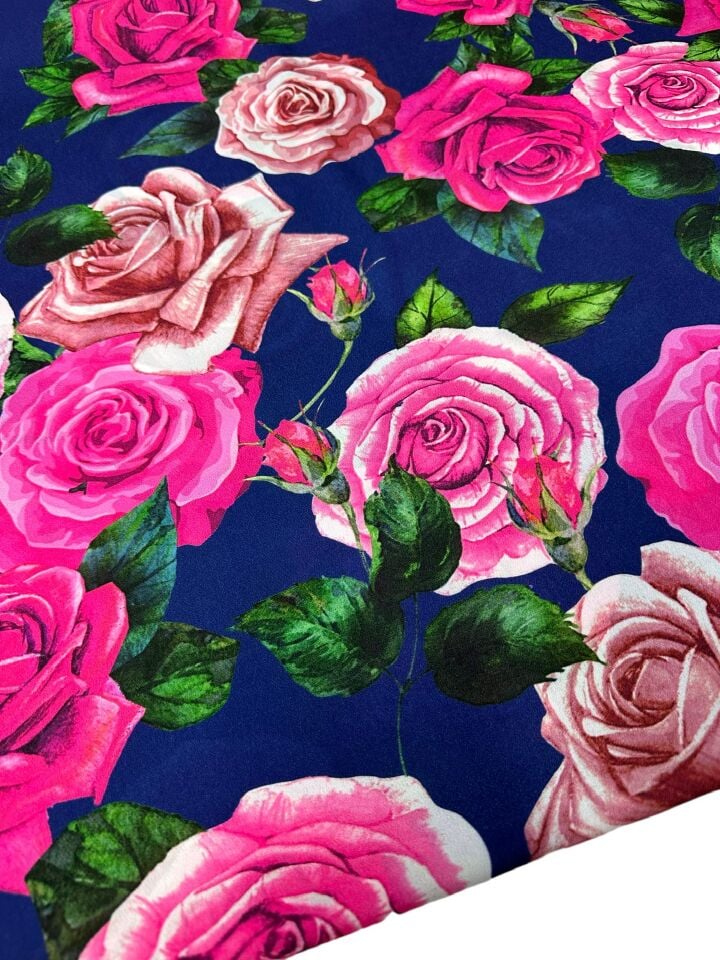 Pembe Gül Desen Elbiselik Gömleklik Krep Kumaş