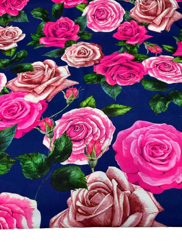 Pembe Gül Desen Elbiselik Gömleklik Krep Kumaş