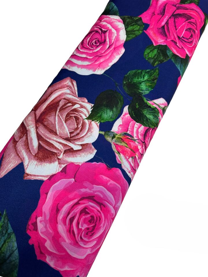 Pembe Gül Desen Elbiselik Gömleklik Krep Kumaş