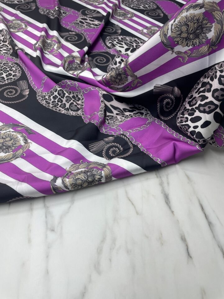 Leopar Detaylı Zincir Desen Elbiselik Gömleklik Tivil Saten Kumaş