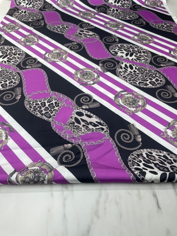 Leopar Detaylı Zincir Desen Elbiselik Gömleklik Tivil Saten Kumaş