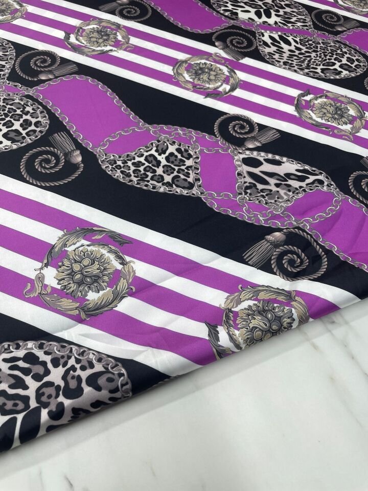 Leopar Detaylı Zincir Desen Elbiselik Gömleklik Tivil Saten Kumaş