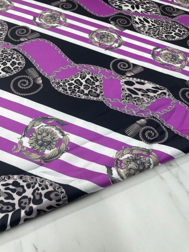 Leopar Detaylı Zincir Desen Elbiselik Gömleklik Tivil Saten Kumaş