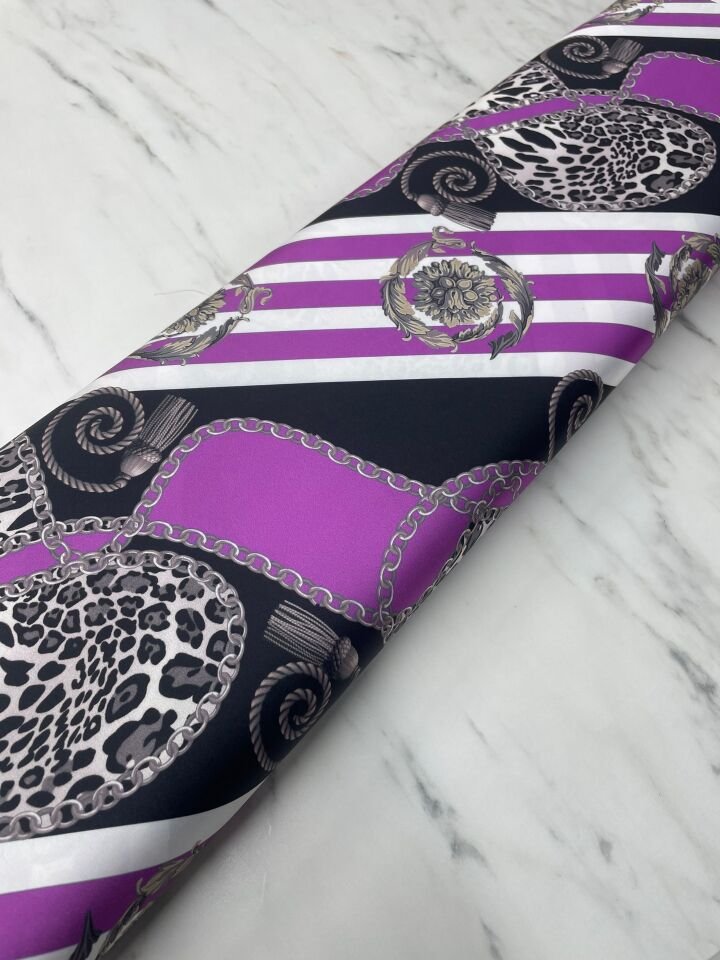 Leopar Detaylı Zincir Desen Elbiselik Gömleklik Tivil Saten Kumaş