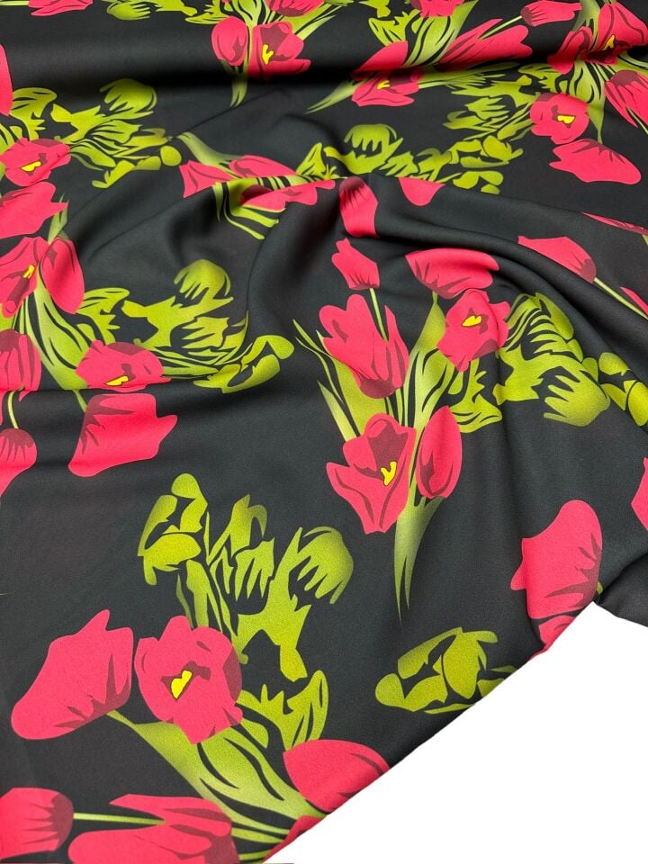 Kırmızı Lale Desen Elbiselik Gömleklik Krep Kumaş