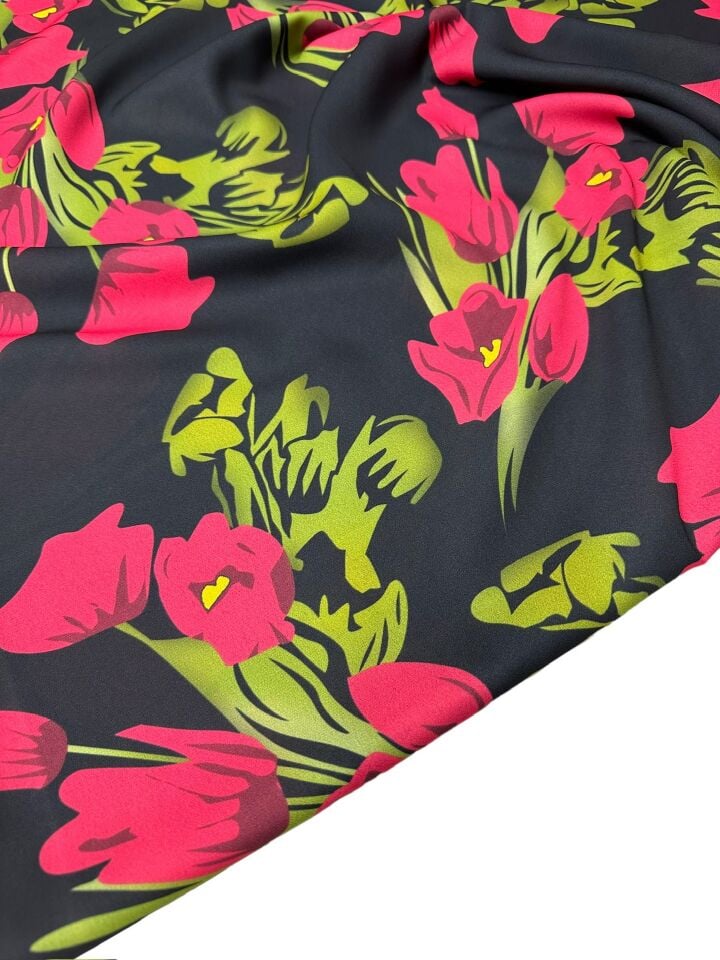 Kırmızı Lale Desen Elbiselik Gömleklik Krep Kumaş