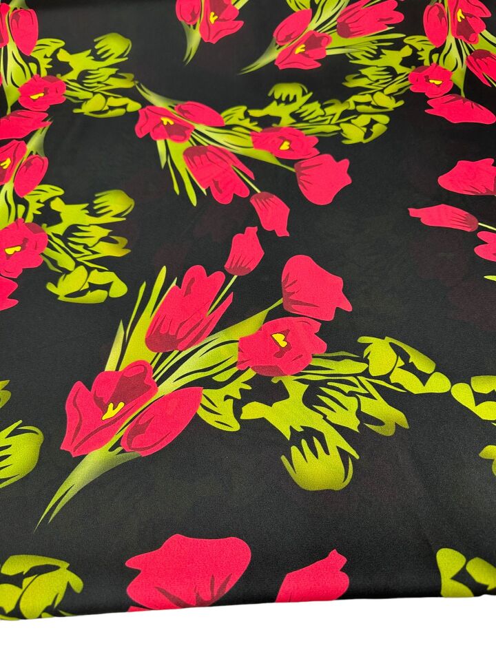 Kırmızı Lale Desen Elbiselik Gömleklik Krep Kumaş