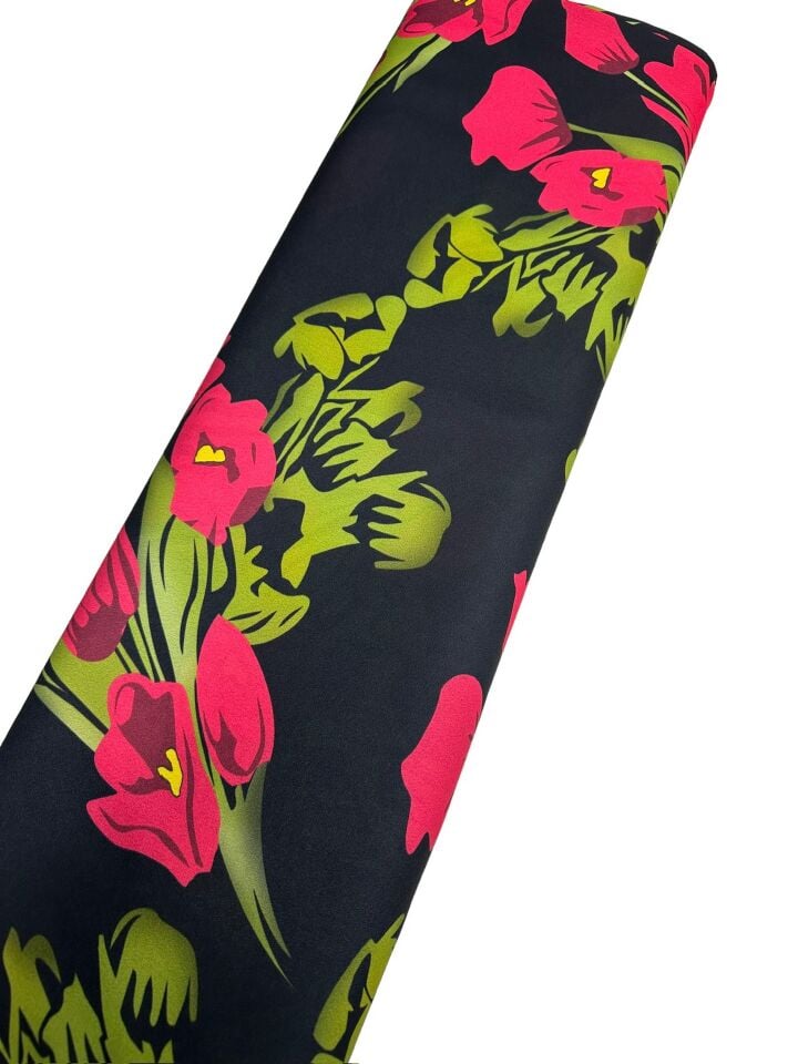 Kırmızı Lale Desen Elbiselik Gömleklik Krep Kumaş