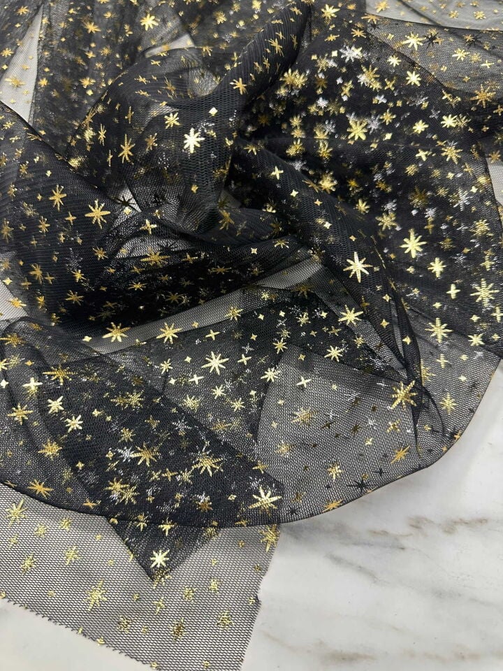 Yıldız Desen Altın Sarısı Tül Kumaş