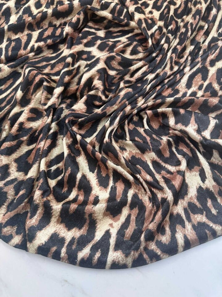 Leopar Desen İnci Kadife Likralı Yumuşak Dökümlü
