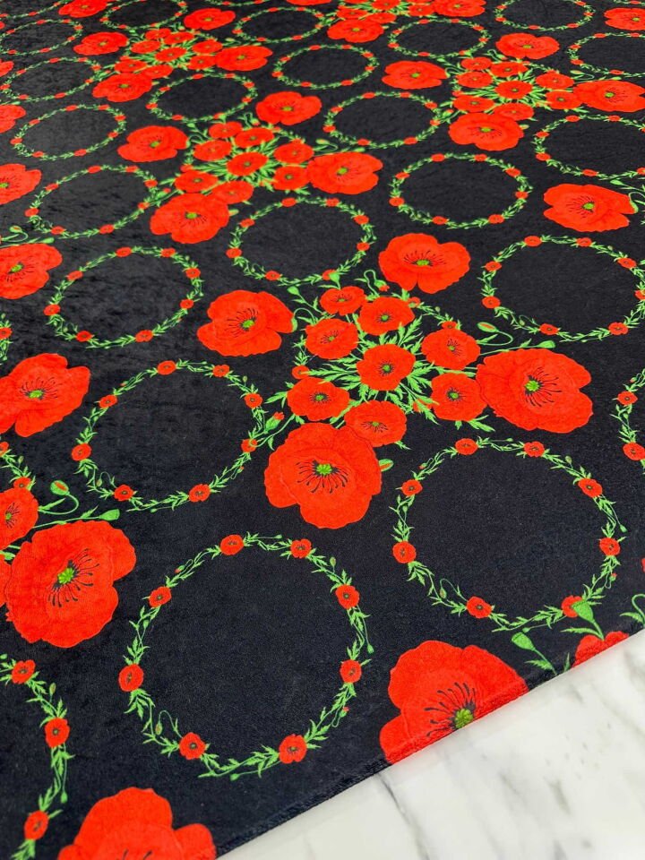 Kırmızı Gül Çiçei Desen İnci Kadife Yumuşak Dökümlü Likralı