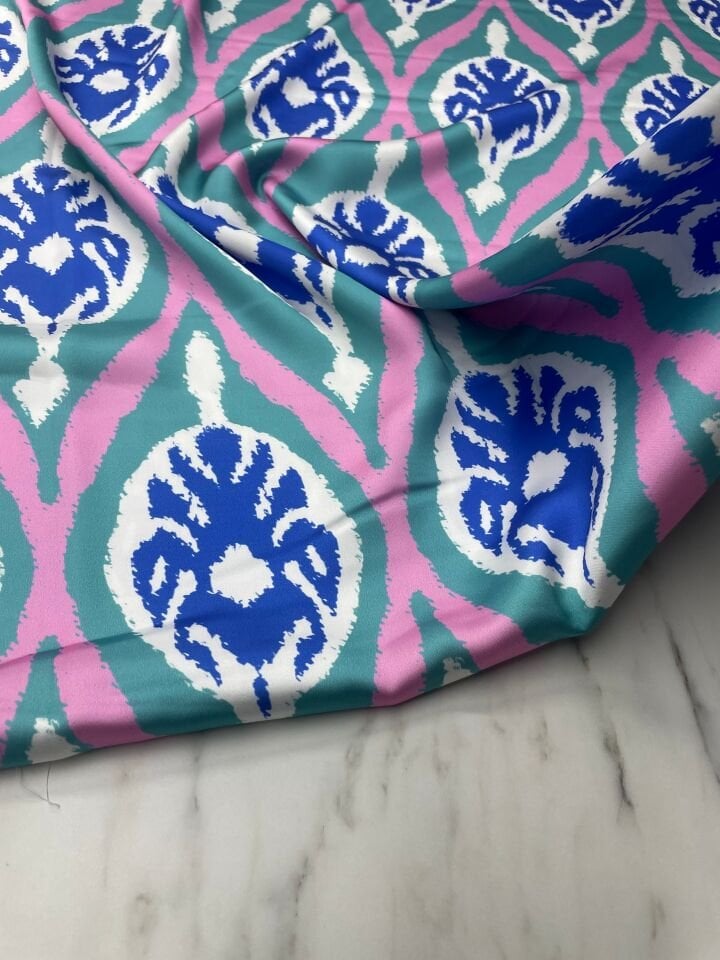Mavi İkat Desen Elbiselik Gömleklik Tivil Saten Kumaş