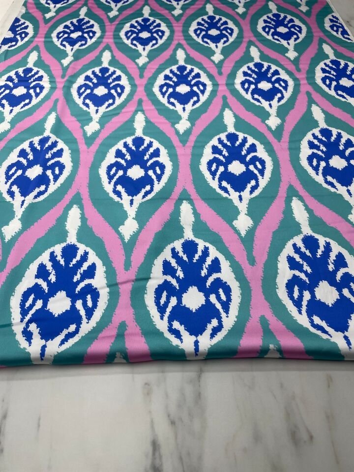 Mavi İkat Desen Elbiselik Gömleklik Tivil Saten Kumaş