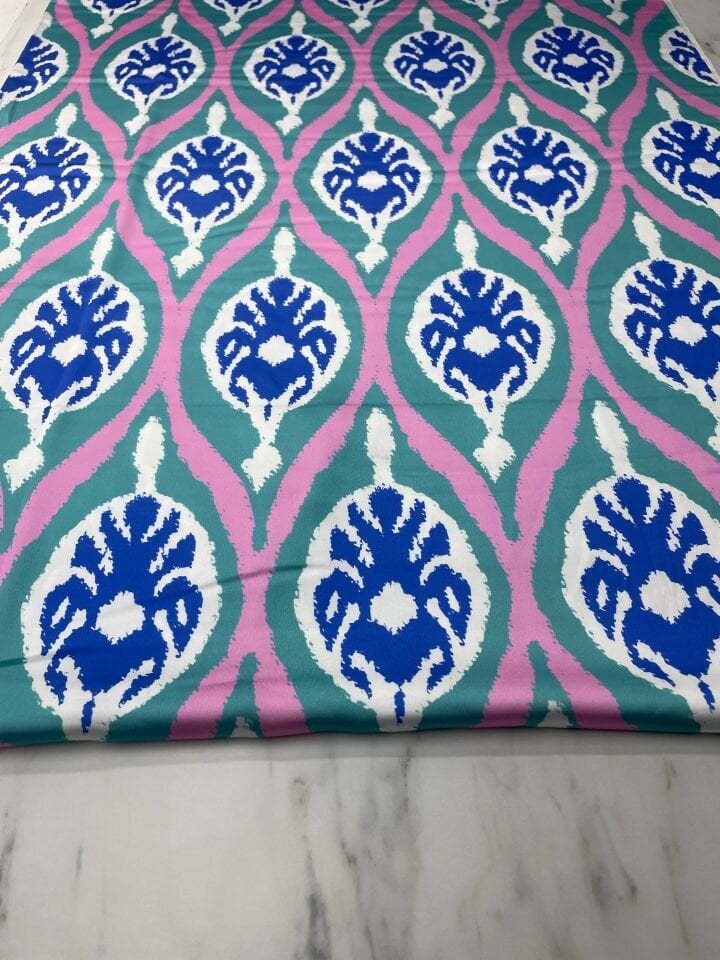 Mavi İkat Desen Elbiselik Gömleklik Tivil Saten Kumaş