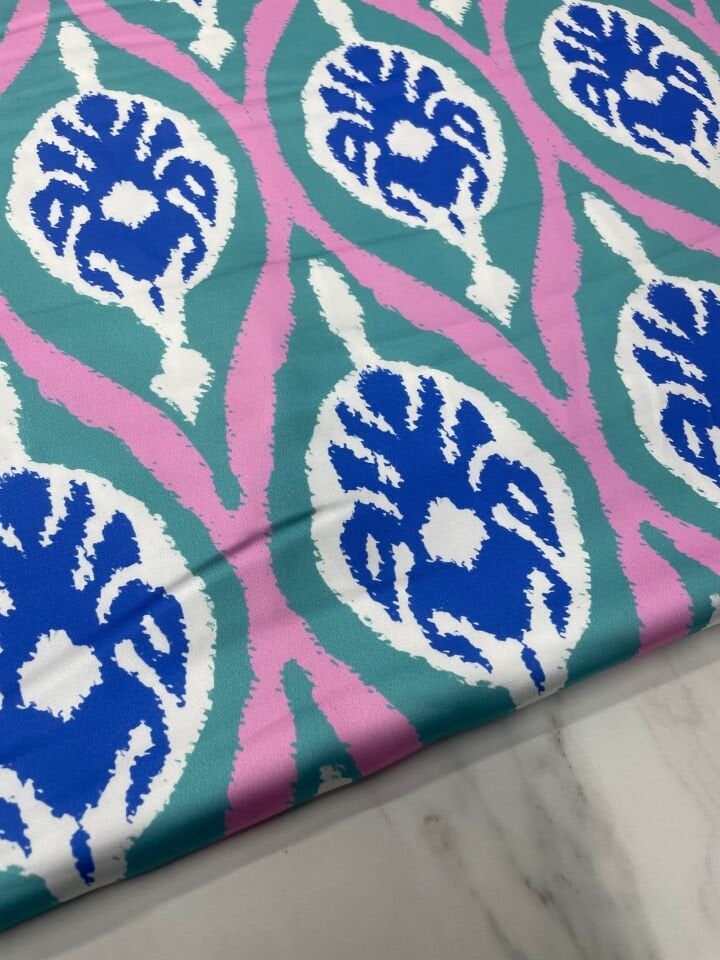 Mavi İkat Desen Elbiselik Gömleklik Tivil Saten Kumaş