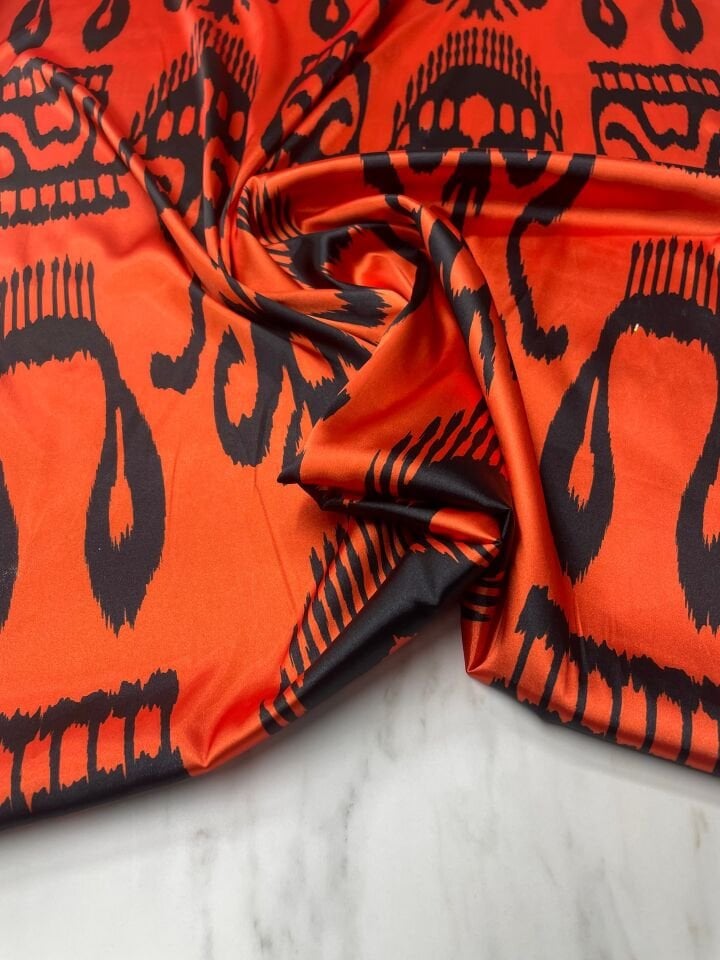 Turuncu İkat Desen Elbiselik Gömleklik Tivil Saten Kumaş