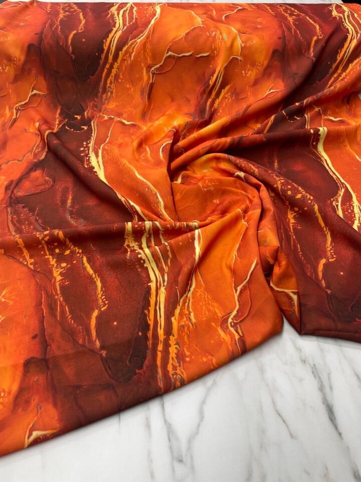 Turuncu Mermer Desen Elbiselik Gömleklik Krep Kumaş