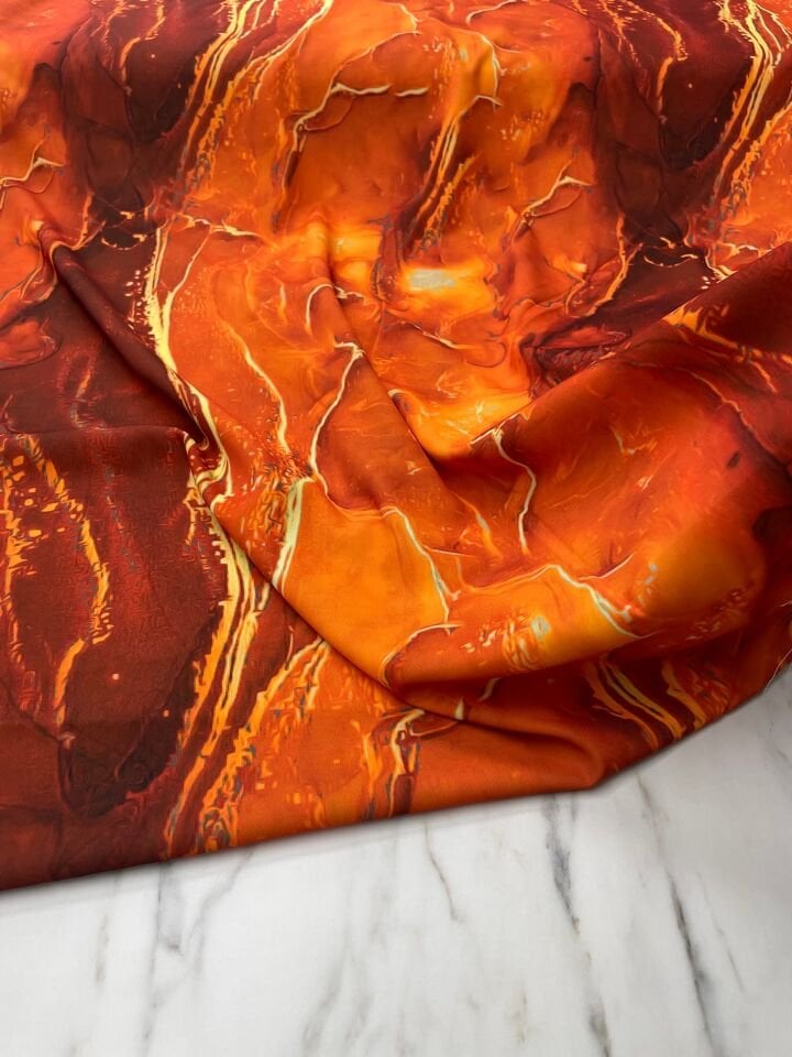 Turuncu Mermer Desen Elbiselik Gömleklik Krep Kumaş