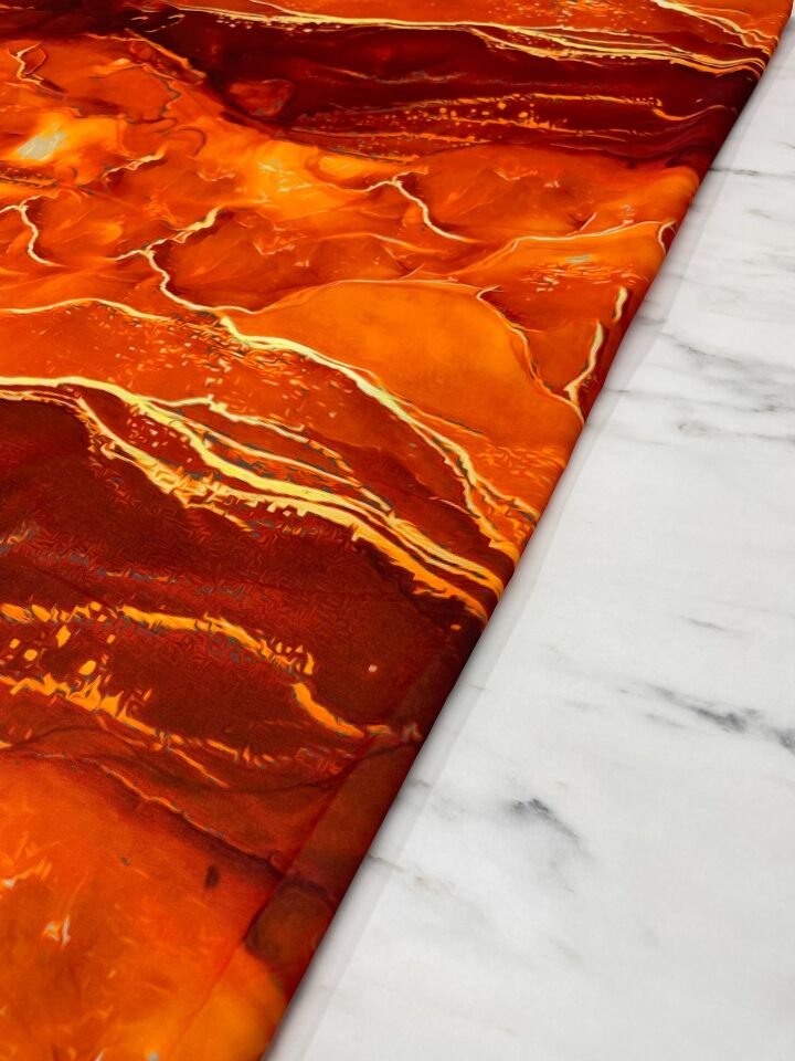 Turuncu Mermer Desen Elbiselik Gömleklik Krep Kumaş