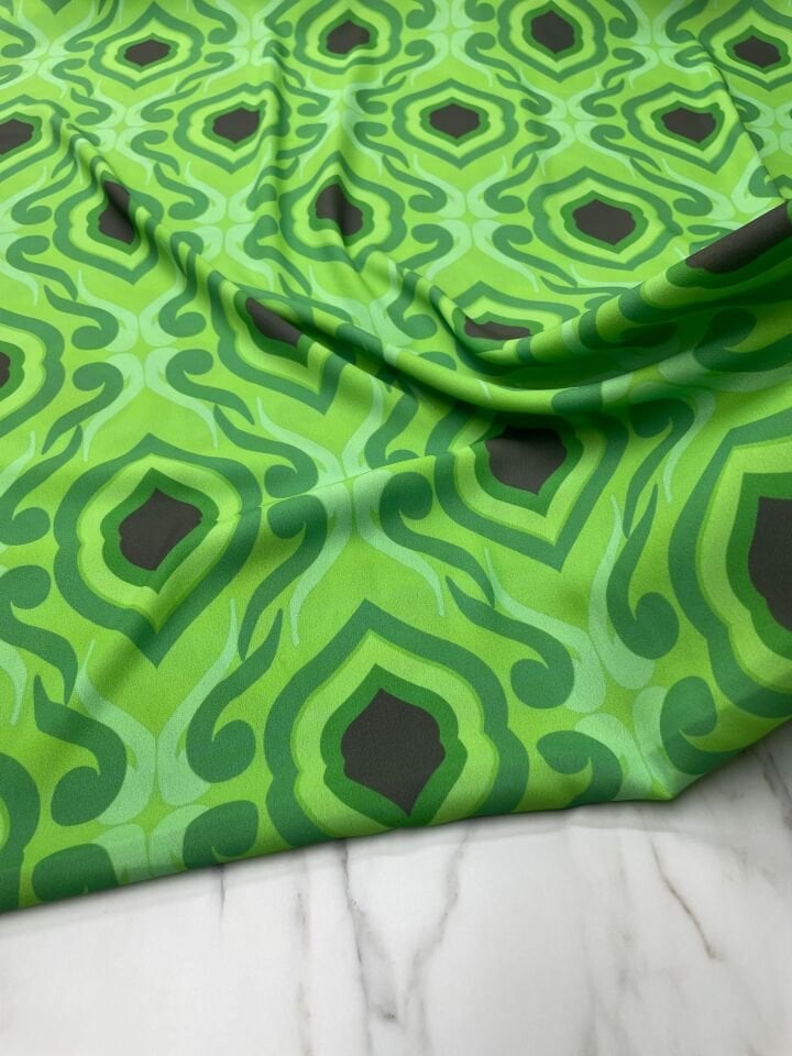 Yeşil İkat Desen Elbiselik Gömleklik Krep Kumaş