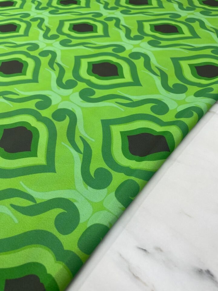 Yeşil İkat Desen Elbiselik Gömleklik Krep Kumaş