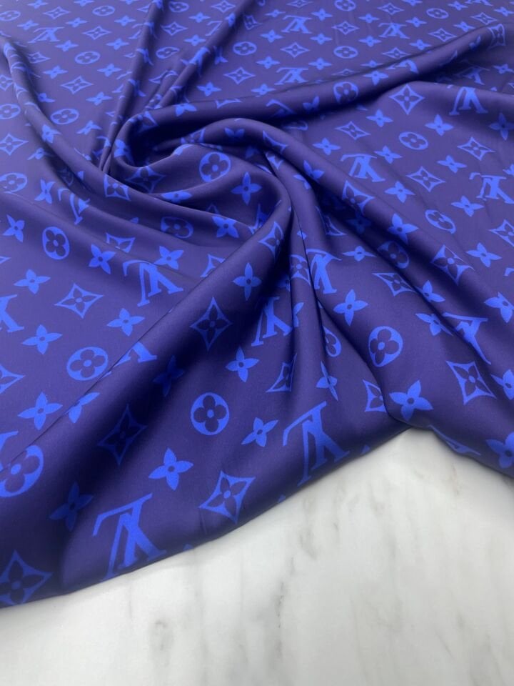 Mavi LV Desen Elbiselik Gömleklik Tivil Saten Kumaş